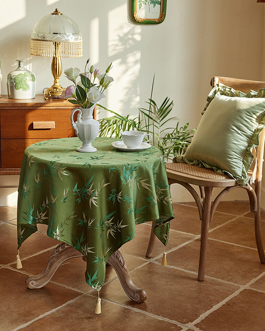 LaLuna Home Chinoiserie Bamboo Embroidered Tablecloth with Tassels 90*90cm / 35*35in