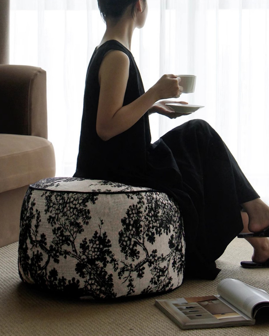 LaLuna Home Chinoiserie Ink-Painting Bayberry Tree Jacquard Pouf Cover - Round