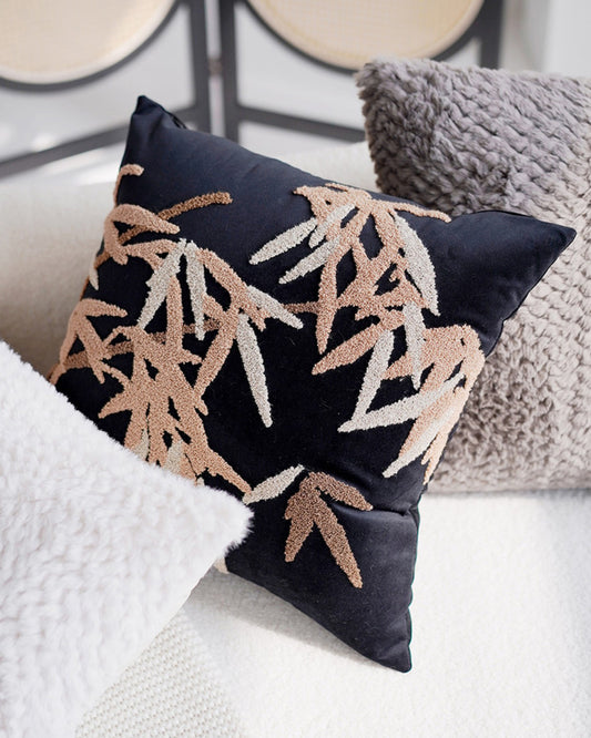 LaLuna Home Chinoiserie Bamboo Embroidered Velvet Throw Pillow - Black