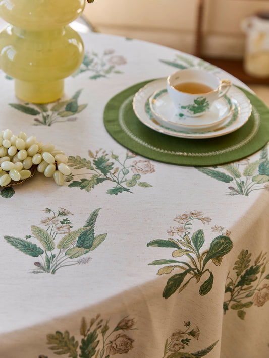 Chinoiserie Green Verse Pattern Round Ruffle Tablecloth