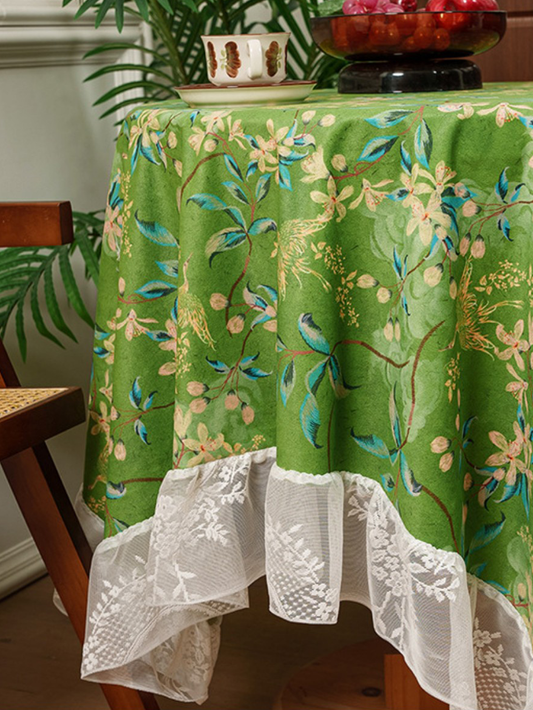 Chinoiserie Verdant Floral Tablecloth with Lace Ruffled Trim