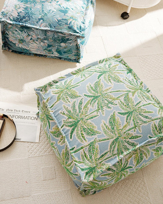 LaLuna Home Coastal Coconut Grove Pattern Chenille Pouf Cover