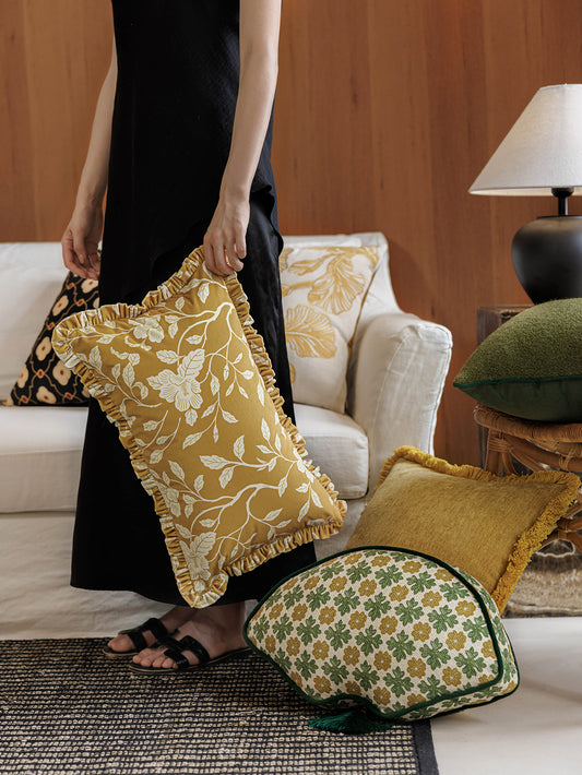 Chinoiserie Golden Floral Lumbar Pillow with Ruffle Trim