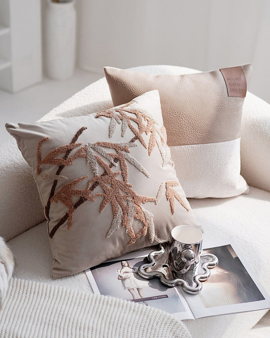 LaLuna Home Chinoiserie Bamboo Embroidered Velvet Throw Pillow - Beige