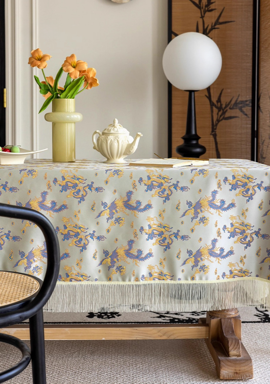 LaLuna Home Chinoiserie Loong Feng Pattern Jacquard Tablecloth with Tassels