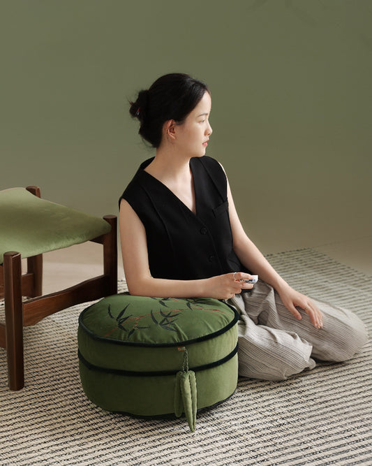 LaLuna Home Chinoiserie Bamboo Embroidered Velvet Pouf Cover