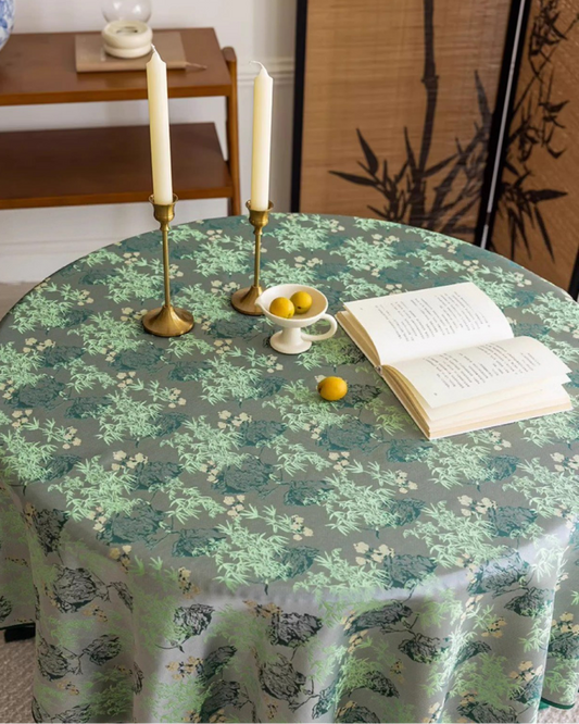 LaLuna Home Chinoiserie Lush Green Bamboo Tablecloth with Tassels