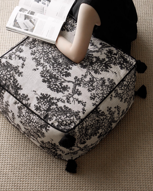 LaLuna Home Chinoiserie Ink-Painting Bayberry Tree Jacquard Pouf Cover - Square