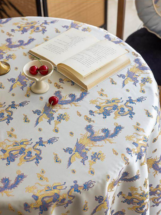 LaLuna Home Chinoiserie Loong Feng Pattern Jacquard Tablecloth with Tassels