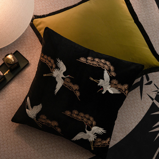 LaLuna Home Chinoiserie Pine&Crane Embroidered Velvet Throw Pillow - Black