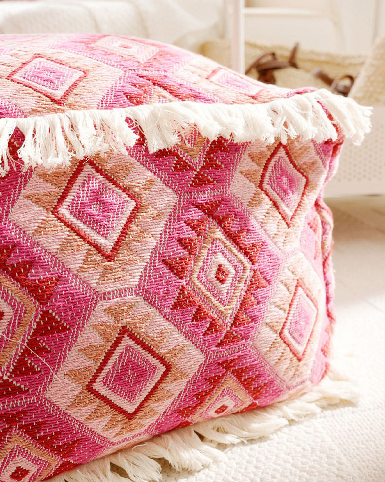 LaLuna Home Bohemian Pink Geometric Pattern Jacquard Pouf Cover