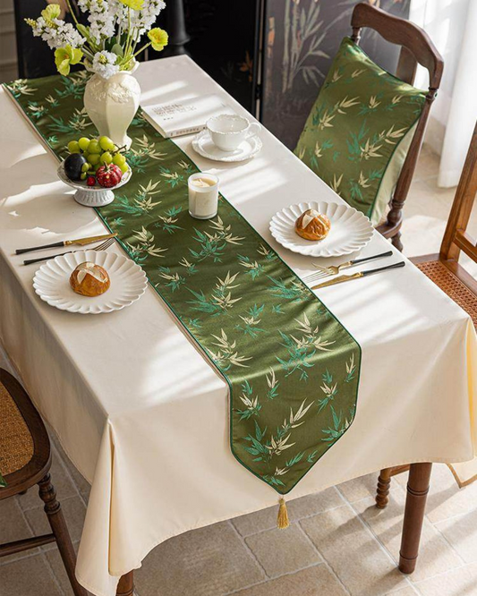LaLuna Home Chinoiserie Bamboo Embroidered Table Runner with Tassels