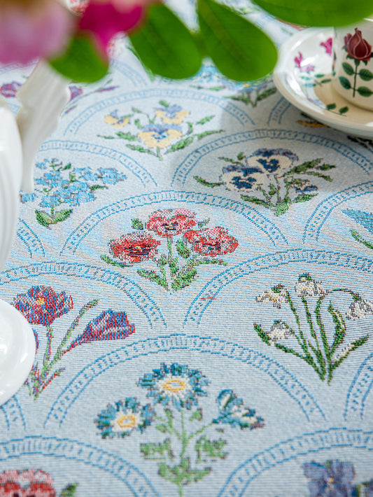 LaLuna Home Round Thousand Blooms Jacquard Tablecloth with Tassels - Blue