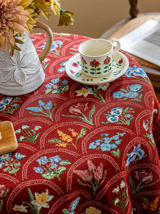 LaLuna Home Round Thousand Blooms Jacquard Tablecloth with Tassels - Red