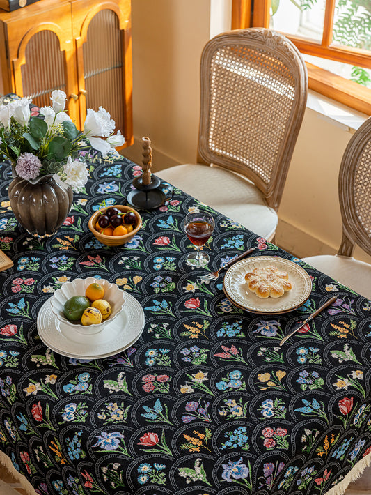 LaLuna Home Thousand Blooms Jacquard Tablecloth with Tassels - Black