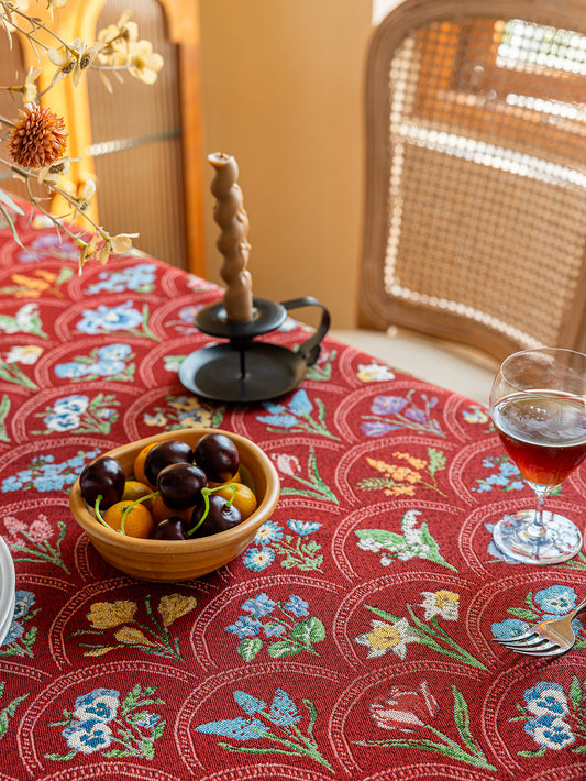 LaLuna Home Thousand Blooms Jacquard Tablecloth with Tassels - Red