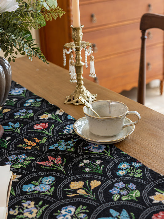 LaLuna Home Thousand Blooms Jacquard Table Runner with Tassels - Black