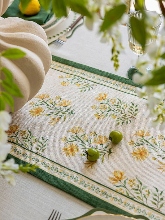 Chinoiserie Green Meadow Song Floral Pattern Table Runner with Tassels