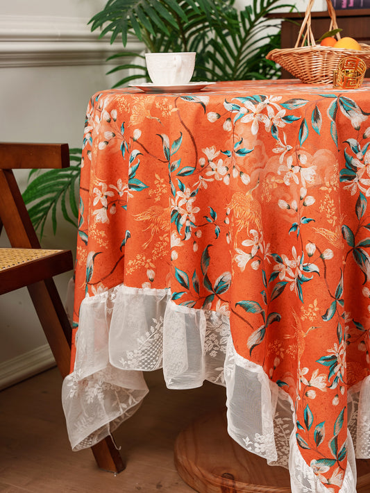 Chinoiserie Retro Orange Floral Tablecloth with Lace Ruffled Trim
