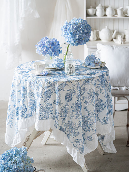 Chinoiserie Blue & White Embroidered Cotton Tablecloth with Ruffled Trim