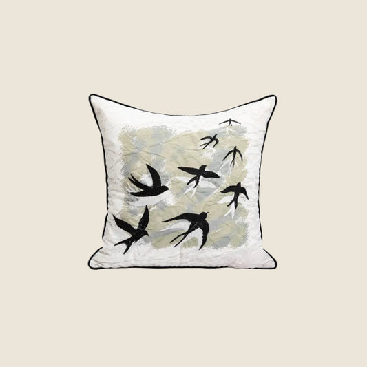 LaLuna Home Chinoiserie Swallows in Mist Embroidered Velvet Throw Pillow
