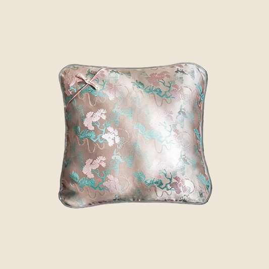 LaLuna Home Chinoiserie Pine-Crane Pattern Throw Pillow with Classic Frog Knots