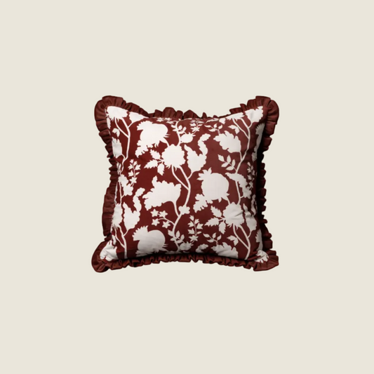 Burgundy Kerman Pomegranate Bloom Throw Pillow with Ruffle Trim