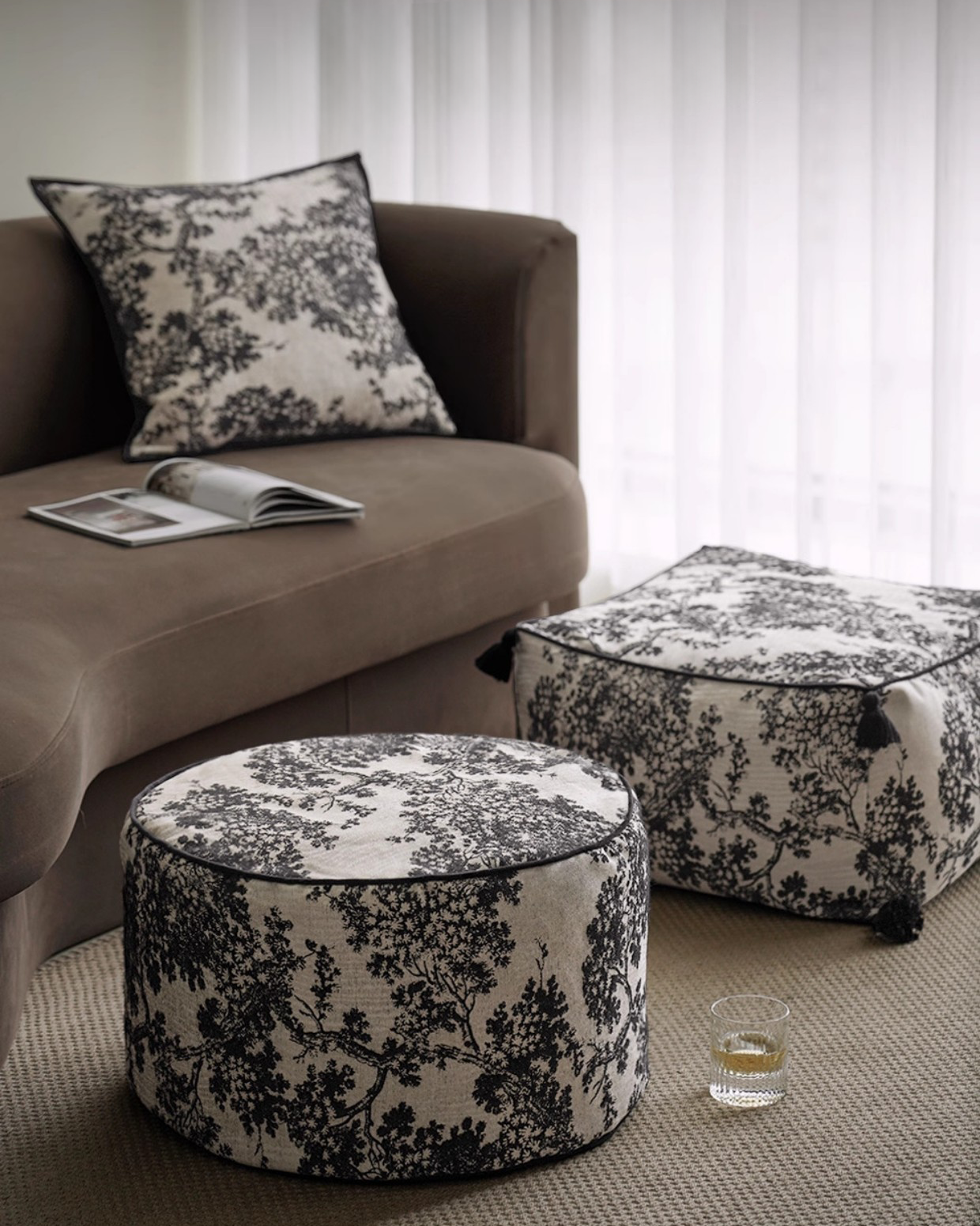 Discover Monochrome Ink at LaLuna Home—Chinoiserie-inspired monochrome table linens, pillows, and pouf covers with an artful, modern aesthetic.