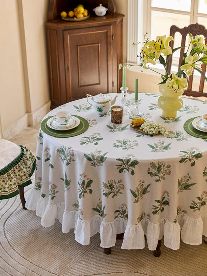 Chinoiserie Green Verse Pattern Round Ruffle Tablecloth
