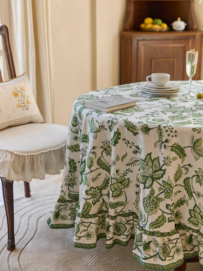 Chinoiserie Green Ruffle Spring Vines Pattern Round Tablecloth