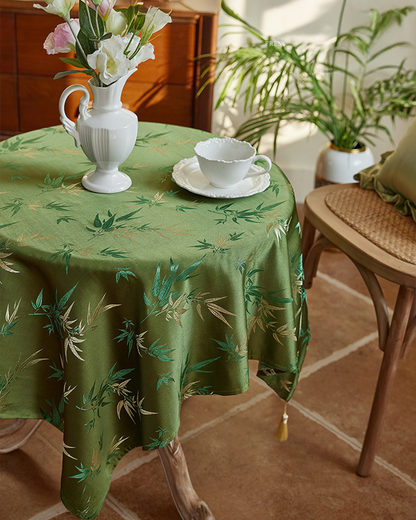 LaLuna Home Chinoiserie  Bamboo Embroidered Tablecloth with Tassels 140*140cm / 55*55in