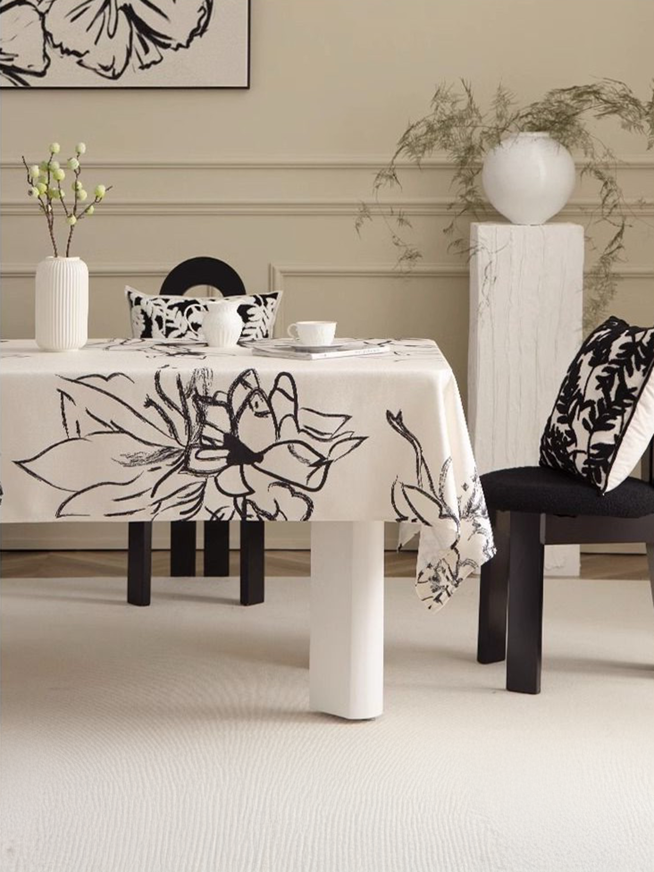 LaLuna Home Monochrome Chinoiserie Ink Floral Tablecloth