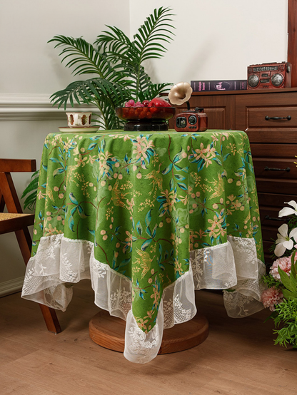 Chinoiserie Verdant Floral Tablecloth with Lace Ruffled Trim