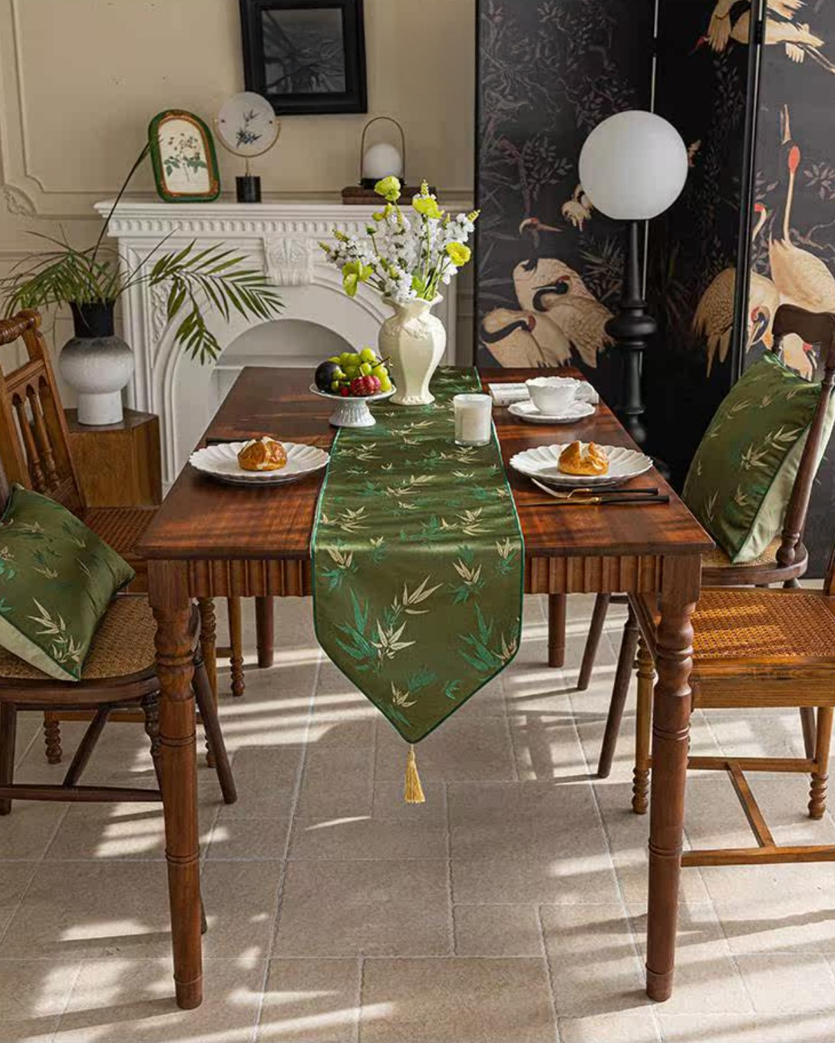 LaLuna Home Chinoiserie  Bamboo Embroidered Table Runner with Tassels