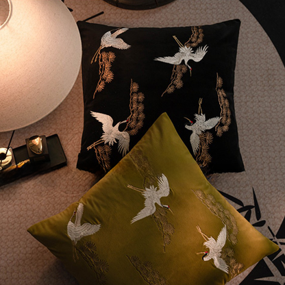 LaLuna Home Chinoiserie Pine&Crane Embroidered Velvet Throw Pillow - Green