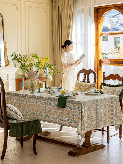 Chinoiserie Green Meadow Song Floral Pattern Tablecloth
