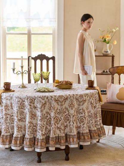 Chinoiserie Vintage Floral Pattern Round Ruffle Tablecloth
