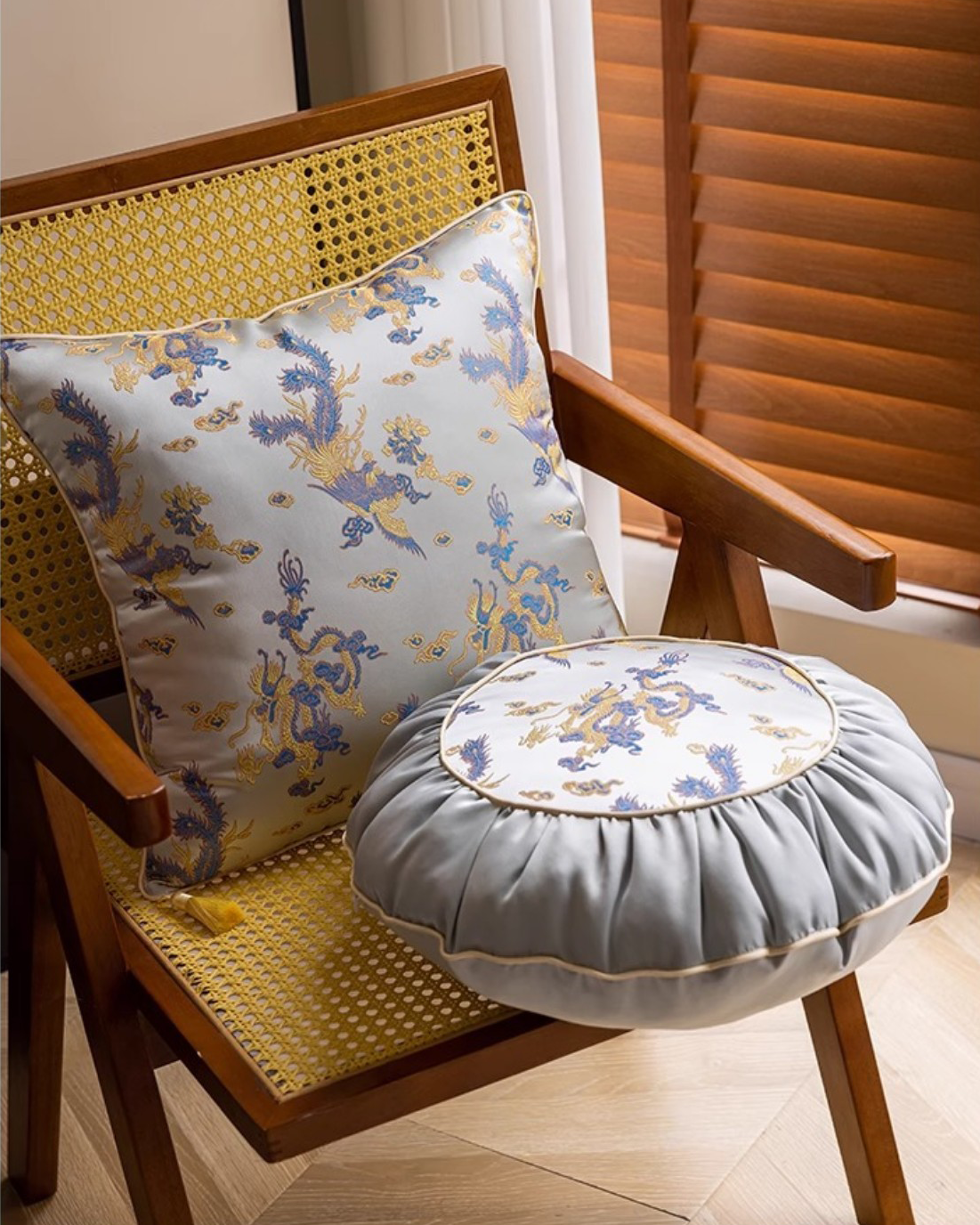 LaLuna Home Chinoiserie  Loong Feng Jacquard Throw Pillow with Tassels