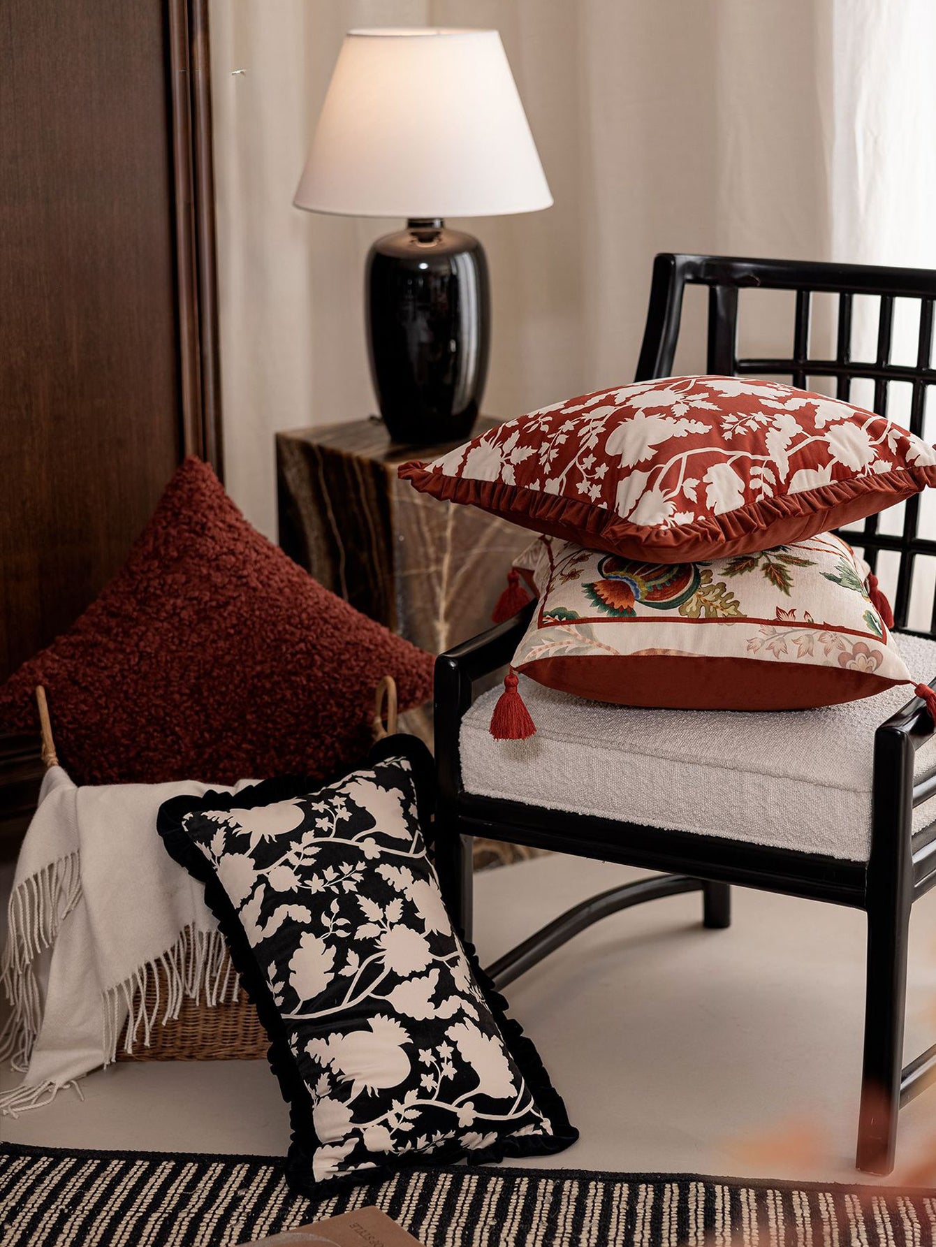 Kerman Pomegranate Bloom Lumbar Pillow with Ruffle Trim