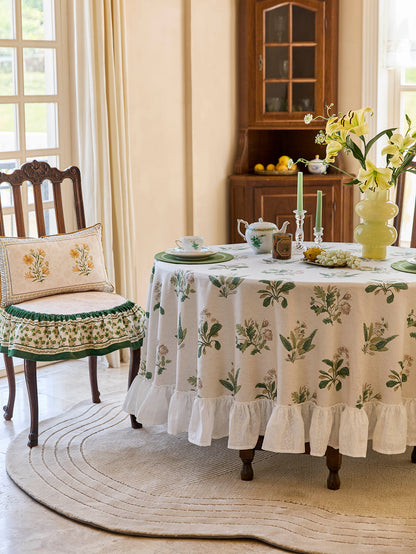 Chinoiserie Green Verse Pattern Round Ruffle Tablecloth