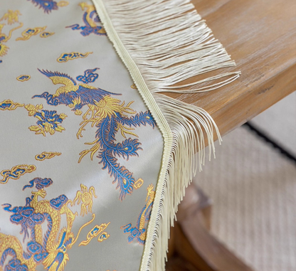 LaLuna Home Chinoiserie Loong Feng Pattern Jacquard Tablecloth with Tassels