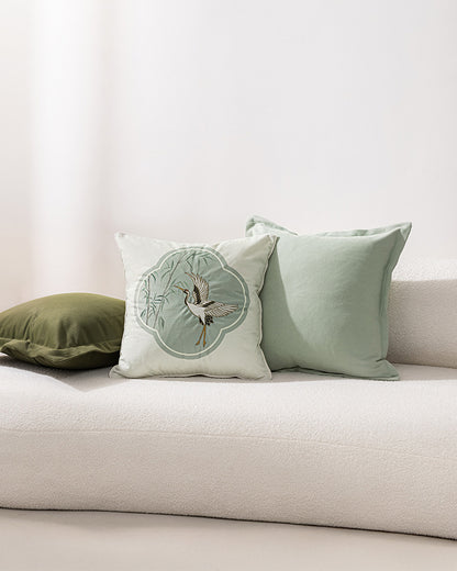 LaLuna Home Chinoiserie Cloud Crane Embroidered Velvet Throw Pillow