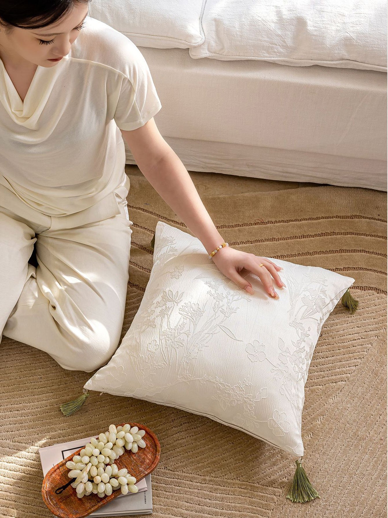 Chinoiserie Magnolia Bloom Jacquard Throw Pillow with Tassels