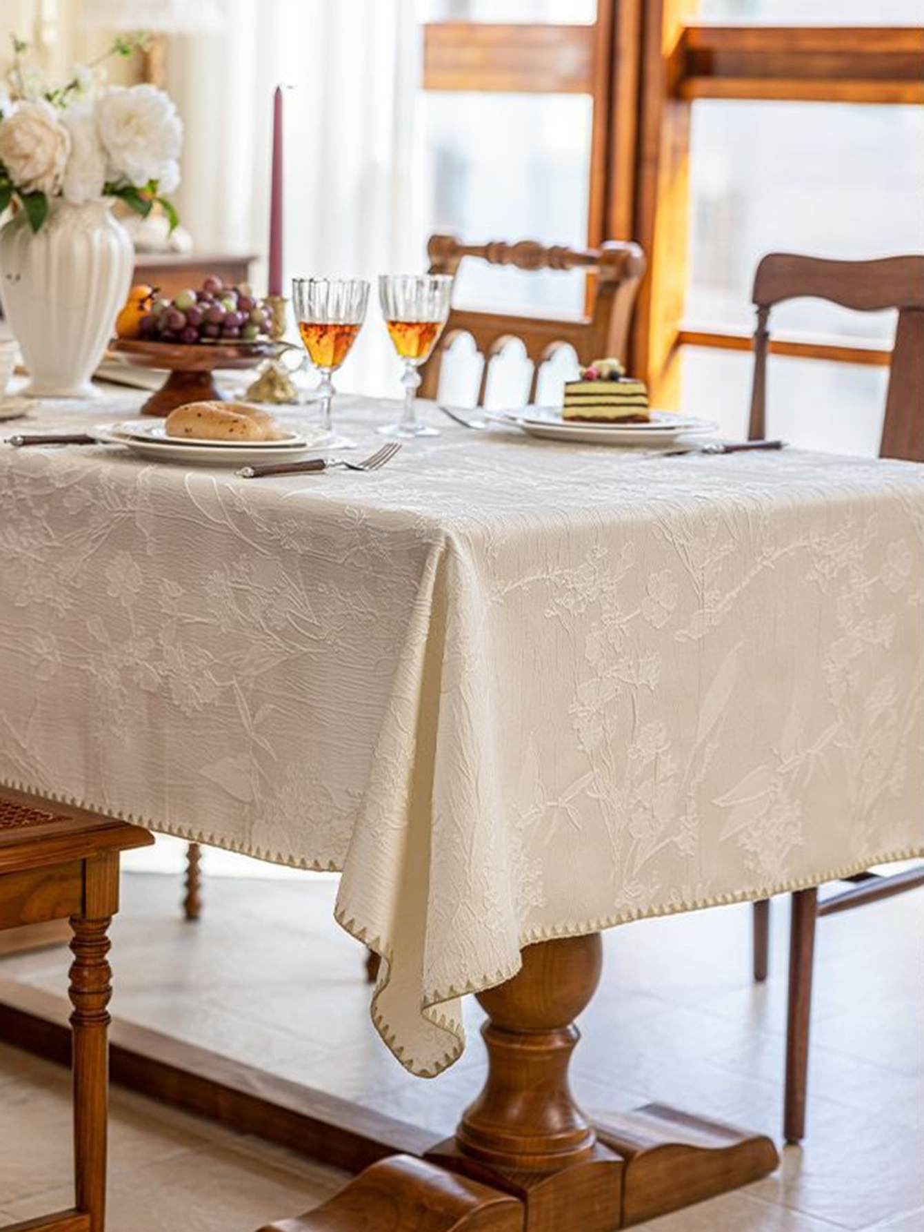LaLuna Home Chinoiserie  Magnolia Bloom Jacquard Tablecloth with Shell Trim