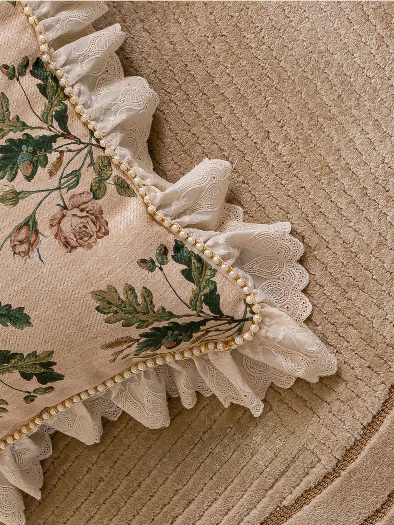 Chinoiserie Green Verse Floral Pattern Throw Pillow with Pearls Decoration