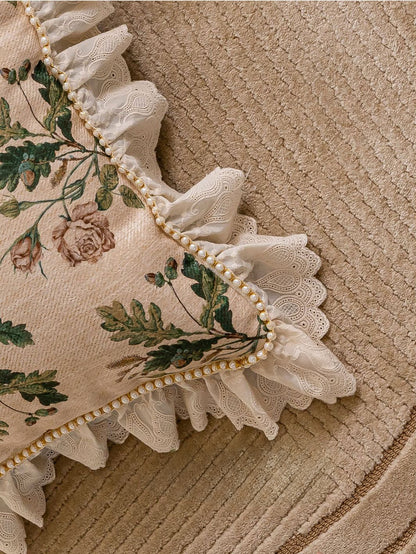 Chinoiserie Green Verse Floral Pattern Throw Pillow with Pearls Decoration