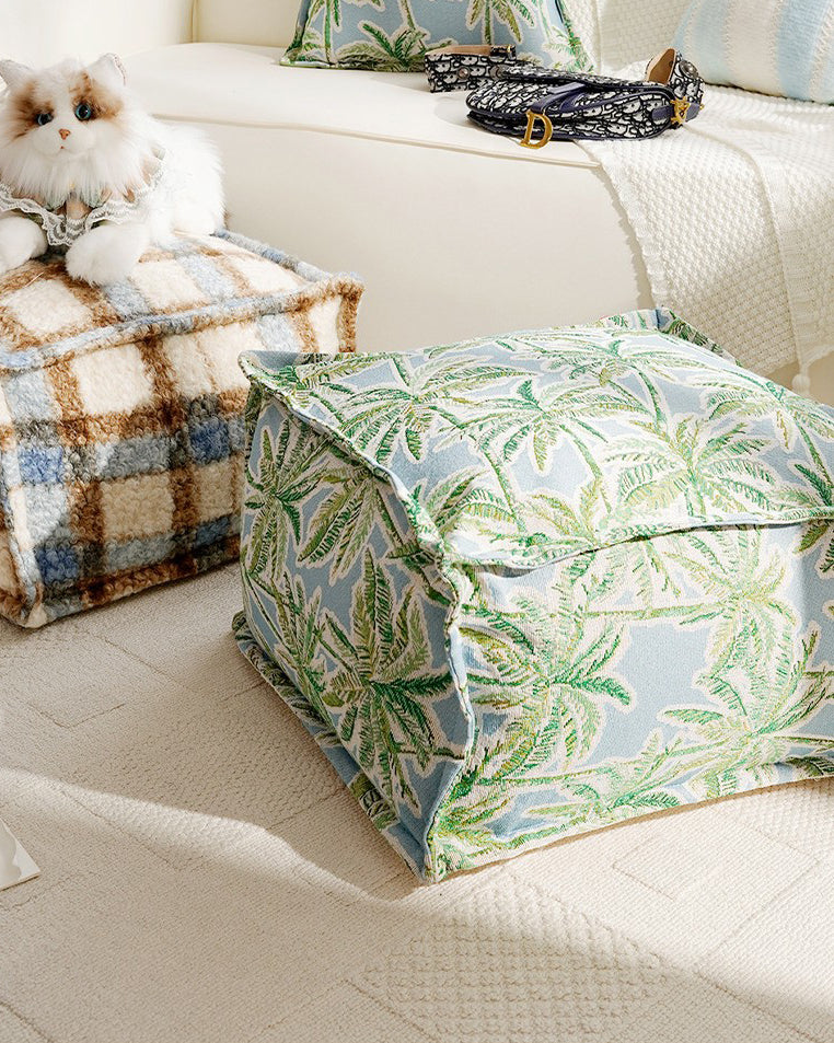 LaLuna Home Coastal Coconut Grove Pattern Chenille Pouf Cover