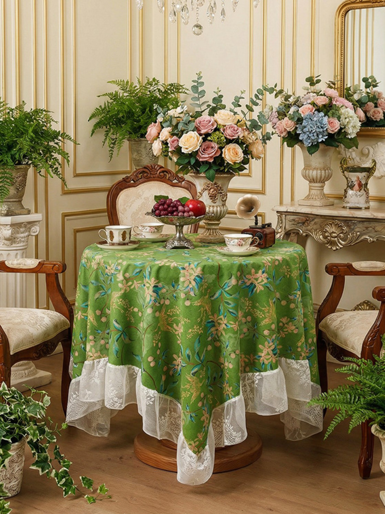 Chinoiserie Verdant Floral Tablecloth with Lace Ruffled Trim