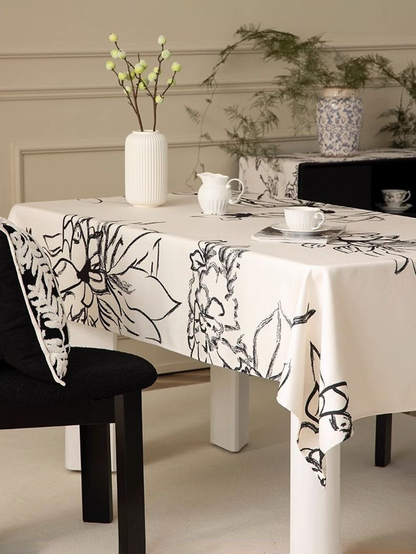 LaLuna Home Monochrome Chinoiserie Ink Floral Tablecloth