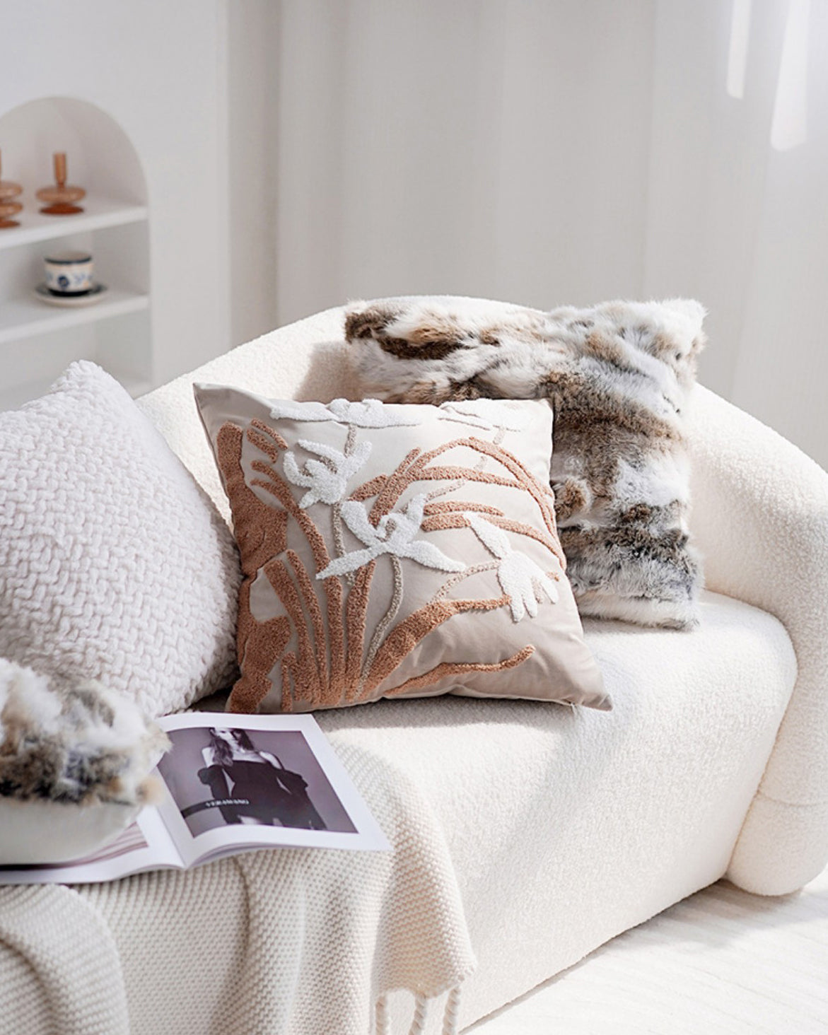 LaLuna Home Chinoiserie Bamboo Embroidered Velvet Throw Pillow - Beige